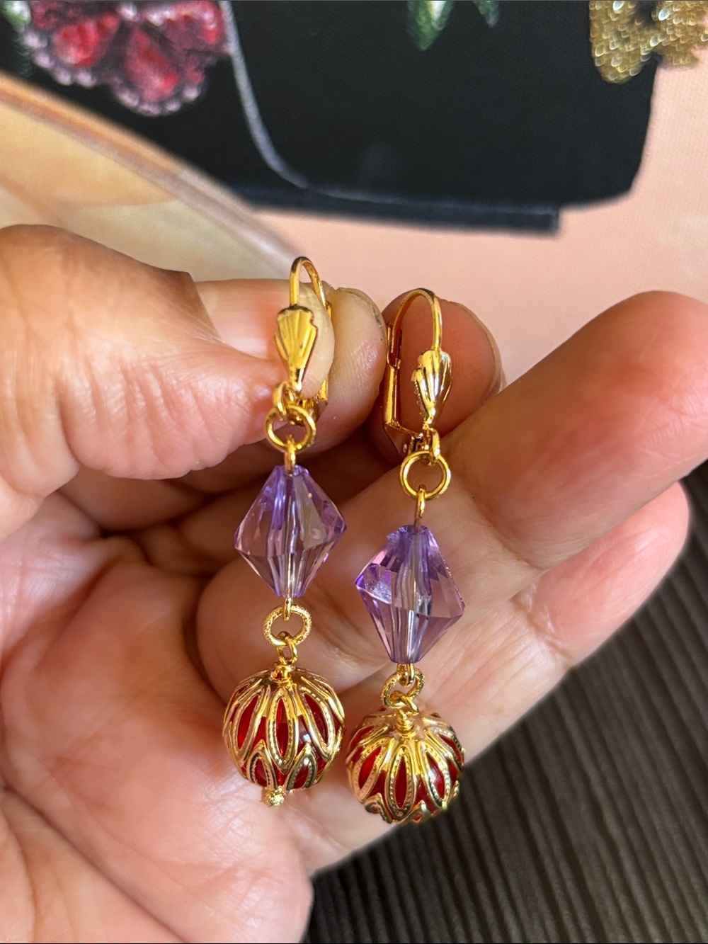 Gold-Tone Leverback Earrings with Purple Crystal and Red Filigree Orbs
